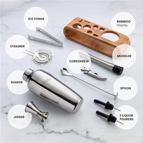 10 Piece Bartender Kit Cocktail Shaker Set with Bamboo Stand Bar Tools Gift - Picture 6 of 7